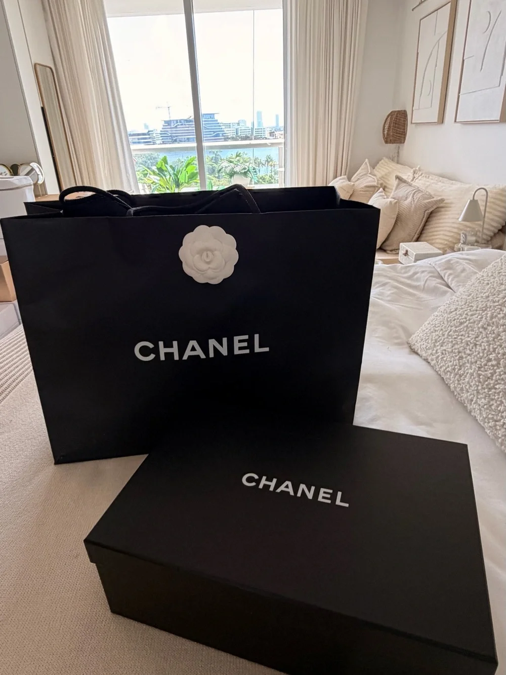 Chanel Ballet Flats Empty Shoe Box + Shopping Bag + Camellia